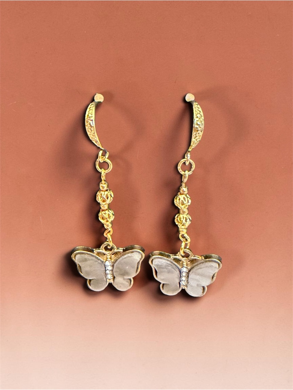 Hand Crafted Gold Butterfly Drop Earrings with Cream Accents